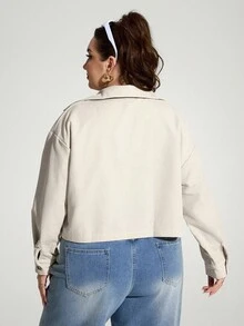 SHEIN Unity 大码秋装女装纯色简约休闲长袖夹克秋季夹克和秋季女装冬装 - 米色 - 查看 2