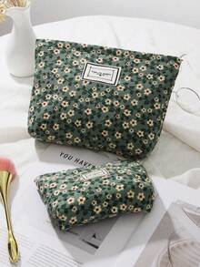 1 Set Of Green Retro Floral Portable Makeup Bag, Fashionable And Casual Large Capacity Zipper Makeup Bag, Travel Storage Stationery Bag, Essential Makeup Bag For Vacation - Green - View 10