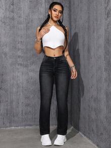 SHEIN ICON Women's Fashion Versatile Pocket Button Casual Denim Jeans - Black - View 7