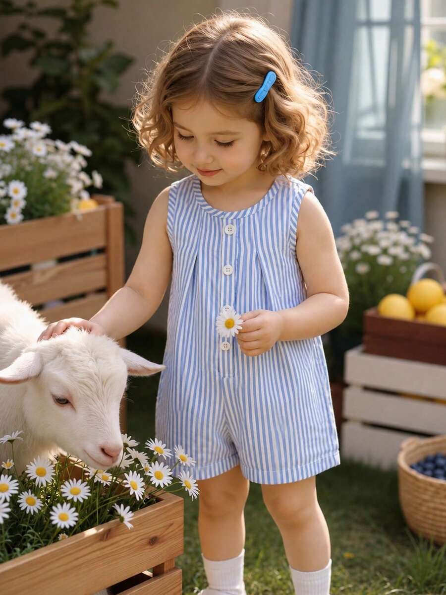 SHEIN Vintaside Kids 女嬰夏季夢幻之選無袖淺紫色與白色格紋連身褲,溫柔甜美淺紫色調,清新田園風,經典格紋圖案俏皮可愛。適合外出、拍照、玩耍、戶外休閒運動及參加歡樂派對,讓您的寶寶瞬間成為時尚甜心。 - 藍色 - 查看 1