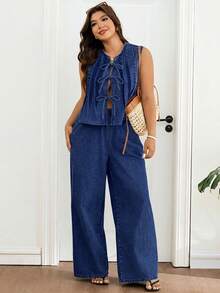 Lounesse Setelan Dua Potong Denim Kasual Wanita Ukuran Plus dengan Rompi dan Celana Bertali Depan - Dark Wash - View 6