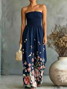 Linhara CURVE Mono de verano sin tirantes con estampado floral y fruncido para mujer talla grande - azul real - Ver 3