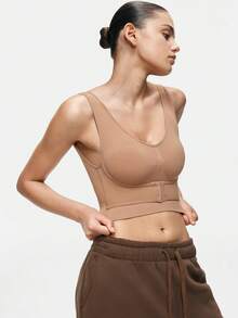 SHEIN 女士无缝前扣塑形吊带背心，提拉提臀，高弹力，柔软舒适，日常穿着无束缚感 - 杏色 - 查看 4