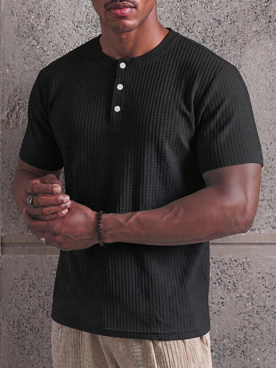 ESTAVOR Casual Men's Solid Color Button Short Sleeve T-Shirt For Daily Wear - Black - View 1