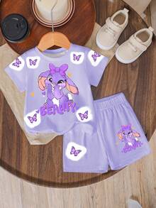 2pcs/Set Young Girls' Cute Rabbit & Butterfly Print Short Sleeve Top And Shorts Set,Korean Sweet Style Fashion Summer Family Matching Casual Outfits - Multicolor - View 2