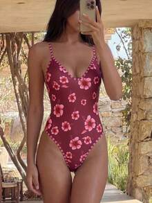 Swim Vcay 2026 New Pink Floral Print Adjustable Shoulder Strap Camisole One-Piece Swimsuit, Sexy Tropical Slimming Backless Triangle Racing Bikini, Summer Beach - Multicolor - View 4