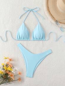 Swim Basics Women's Plain Colored Bikini Set For Beach/Holiday Summer - Baby Blue - View 3