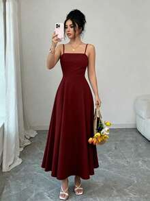 SHEIN Raffinéa Women's Elegant Casual Solid Color Spaghetti Strap Dress, Summer Maroon Dress Burgundy Dress Classy Women Outfits - Burgundy - View 1