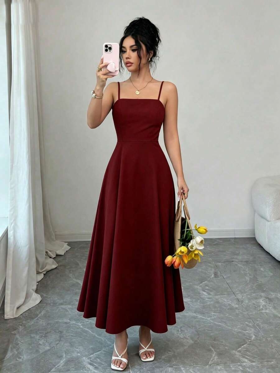 SHEIN Raffinéa Women's Elegant Casual Solid Color Spaghetti Strap Dress, Summer Maroon Dress Burgundy Dress Classy Women Outfits - Burgundy - View 1
