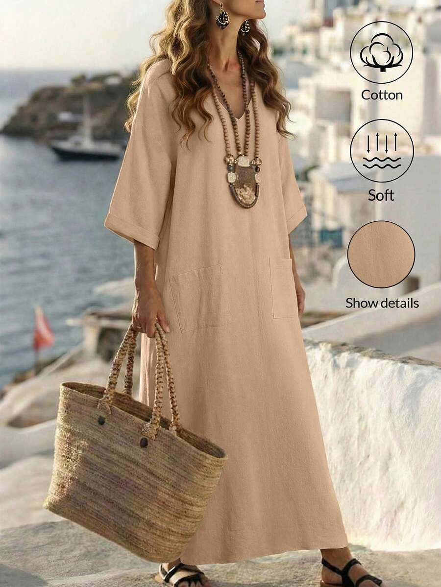 EMERY ROSE Robe de vacances décontractée à col V ample et couleurs contrastées, 100% coton - Kaki - Voir 1