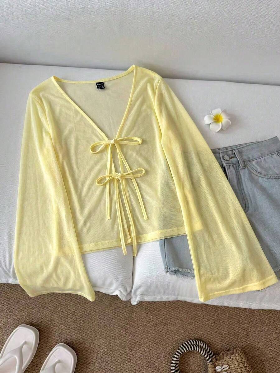 SHEIN LUNE 大尺碼女款素色長袖前綁帶休閒上衣 - 黃色 - 查看 1