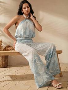 Anewsta Summer New Shell Pattern Waist Tie Halter Neck Casual Tropical Vacation Top For Women Beach Vacation Blue - Blue - View 8