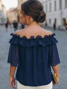 Velvienne Áo blouse nữ size lớn dệt kiểu regular fit mùa hè phong cách Pháp vintage thanh lịch đi làm trễ vai bèo nhún voan chiffon tay ngắn màu xanh - Nhiều màu - Xem 2