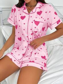 SHEIN 愛心印花翻領開襟短袖短褲羅紋睡衣套裝 - 粉色 - 查看 5