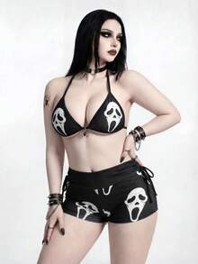 ROMWE Goth 大尺碼女款海灘度假幽靈臉印花側綁帶泳褲短褲 - 黑與白 - 查看 3