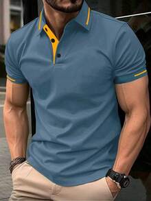 Manfinity Homme Men's Casual Contrast Trim Short Sleeve POLO Shirt, Summer, Polo Shirts For Men Collar - Teal Blue - View 1
