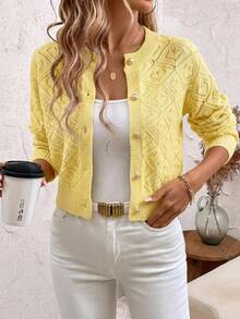 SHEIN Clasi Cárdigan de manga larga de unicolor de un solo pecho, casual y versátil para uso diario y salidas, talla grande para mujer - Amarillo - Ver 3