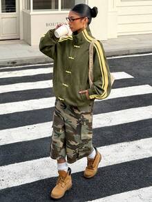 Muchica Army Green Knit Suede Women's Frog Button Design Thin Jacket - Army Green - View 5