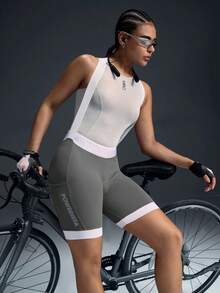Powerista Women's Letter Print Contrast Color Bib Cycling Shorts - Grey - View 4