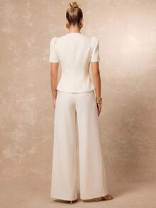 Lumalex Women's Elegant High Neck Gigot Sleeve Slim Fit Ivory Short Sleeve Blazer, Waist-Cinching Elegant Women's Blouse, Outing Top, Women's Outing Top, Women's Office Blouse, Women's Office Blouse, Formal Business Blouse, Luxurious New Year New Look, Low-Key Luxury, Ball Party Gathering Banquet, Low-Key Luxury, Sparkling Holiday Party Celebration - Apricot - View 15