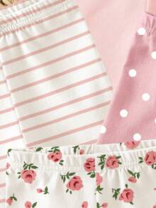 SHEIN Playful Pals 4件套女婴纯色弹力腰带打底裤/紧身裤/骑行短裤套装，适合6个月至2-3岁的宝宝，可爱甜美的色彩系列，包含花卉、条纹、波点等简约图案设计，春夏装扮，充满春日气息，清爽舒适，时尚女童套装，休闲服饰，儿童花卉图案服装，春夏套装，新款，清凉舒适，春夏休闲风 - 彩色 - 查看 4