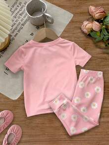 SHEIN Baby Girls Daisy Pattern Loungewear Casual Outing Two Pieces Set: T-Shirt And Pants Pajamas, Perfect For Summer, Snug Fit 9 Sets, Get 1 Set Random - Pink - View 3