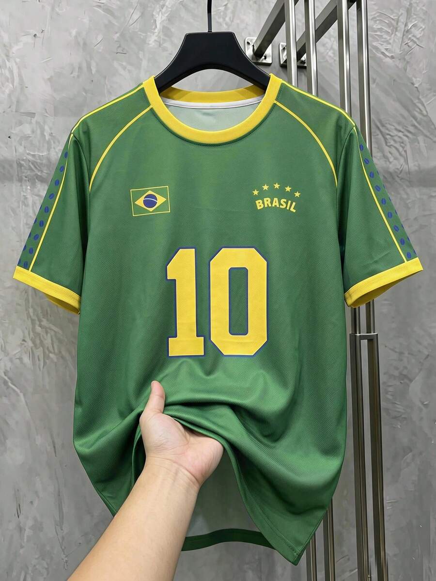 HIMLAND Áo thun Jersey cổ tròn tay ngắn in kỹ thuật số Brazil No.10 phối màu tương phản - màu xanh lá - Xem 1