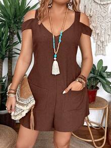 Breezaya Mono de mujer talla grande de color liso con textura, hombros descubiertos y bolsillos - Café integral - Ver 1