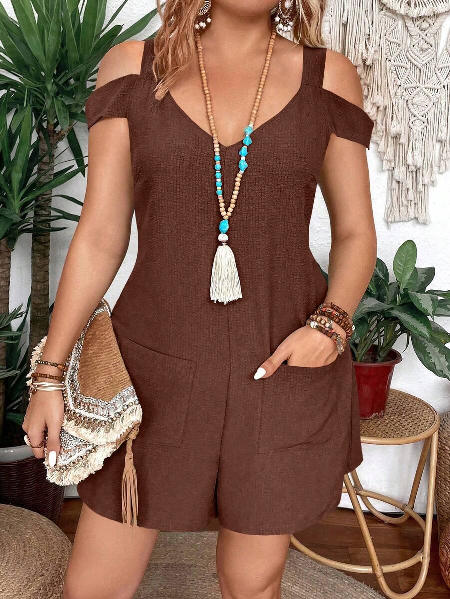Breezaya Mono de mujer talla grande de color liso con textura, hombros descubiertos y bolsillos - Café integral - Ver 1