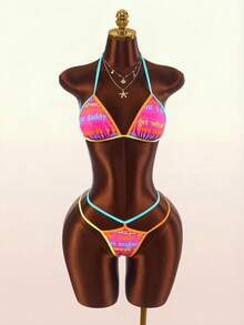 Amplova Women's Letter Print Contrast Detail Sexy Avant-Garde Cute Mini Set Suitable For Vacation Outfits - Pink - View 4