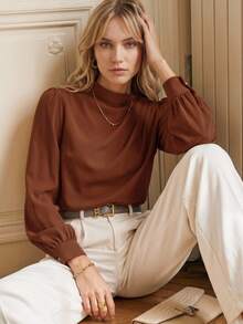 BizChic 春夏新款女式純色立領百褶裝飾寬鬆垂墜燈籠袖長袖襯衫，現代優雅都市通勤日常百搭浪漫90年代老錢風，聖誕新年適用 - 棕色 - 查看 7