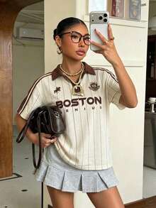 Muchica 休閒極簡學院風撞色條紋滿版印花女款半拉鍊 Polo 領寬鬆長袖 T-shirt，適合秋冬，復古/古著、性感、可愛、Y2K、椰子女孩、波希米亞、嬉皮、音樂節 - 彩色 - 查看 4