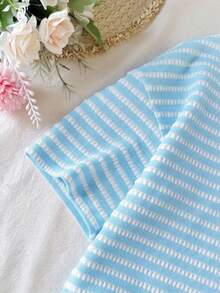 SHEIN Tween Girl Casual Daily Versatile Comfortable Pink Striped Short Sleeve T-Shirt And Shorts Tween Girl - Blue - View 4