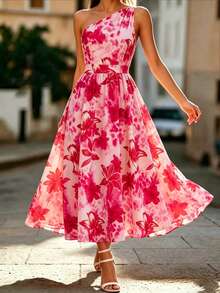 SHEIN Clasi CURVE Plus Size Women Floral Print Sleeveless Elegant Dress Wedding Guest Pink Summer - Multicolor - View 1