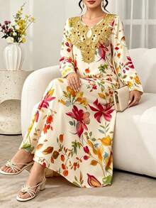 SHEIN Najma 花卉植物金領仿刺繡印花女款長洋裝，春夏時尚V領長袖洋裝，優雅阿拉伯風花卉長禮服，花卉圖案淺杏色長洋裝 - 彩色 - 查看 4