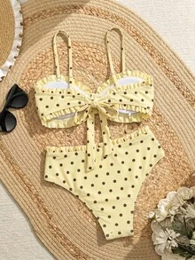 Swim Lushoire 春夏時尚熱銷性感女款波點印花設計度假網紅風海灘比基尼套裝 - 黃色 - 查看 2