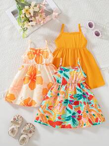 SHEIN Playful Pals 3件/套 嬰兒女童 2025夏季新款無袖吊帶洋裝，滿版花卉印花 & 素色洋裝，田園風，多巴胺配色，時尚可愛 - 橘色 - 查看 2
