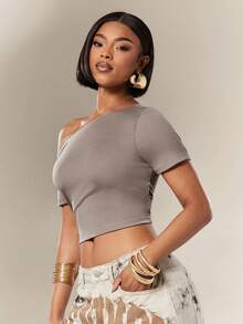 Denimoi Everyday Wear Off Shoulder Top Easy Wear One Shoulder Top Fashion Top Summer Elevated Basic - Grey - View 4