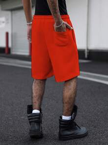 Manfinity Roghcode Men's Minimalist Embroidered Pattern Versatile Casual Knit Shorts Loose Straight Leg High Street Patchwork Sports Pants - Burnt Orange - View 2