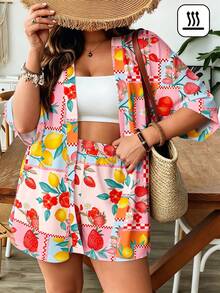 SHEIN VCAY Casual Simple Retro Leaf Pattern Loose Plus Size 2 Pieces Set Suitable For Summer Tropical Vacation  Vacation Beach - Multicolor - View 3
