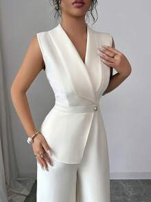 Elenzga petite Women's Apricot Solid Color Fabric V-Neck Lapel Collar Cinched Waist Panel Design High-End Elegant Professional Workwear High-Presence Meeting Outfit Teacher Style Collegiate Campus Style Valentine's Day Carnival Labor Day Easter Travel Vacation Street Style Spring Jumpsuit Summer Jumpsuit Spring/Summer New Essential Versatile Short Jumpsuit - Apricot - View 3