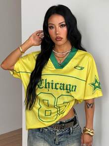 Coolane Women's Summer Y2K Sporty Streetwear Vintage Breathable Mesh Graphics Number Pattern Football Brazil Jersey T-Shirt Back-To-School Green And Yellow - Yellow - View 5