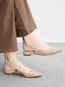 CUCCOO BIZCHIC 女款圓點網格後跟帶平底鞋，優雅尖頭透氣平底涼鞋，休閒日常與辦公室鞋 - 杏色 - 查看 5