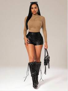 Radiana Khaki Women Fashion Asymmetric Cut Out Long Sleeve Mock Neck Bodysuit With Mesh Detail For Clubwear - Khaki - View 6