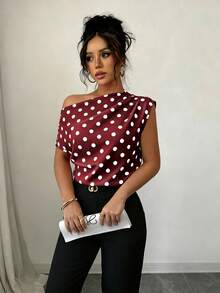 SHEIN Elenzya 白色波點不對稱單肩露肩無袖女式襯衫，優雅復古通勤辦公室外出夏季上衣 - 酒紅色 - 查看 6