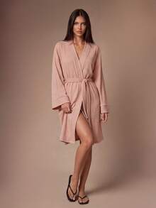 Lazeform Robe de détente femme style Ins, fine, rayée jacquard, ample et minimaliste pour le printemps - Nude - Voir 5