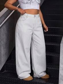 SHEIN ICON Celana Jeans Denim Kasual Bergaris Serbaguna untuk Wanita Ukuran Plus, Cocok untuk Sehari-hari - Putih - View 6