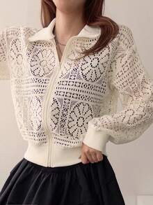 Livesso Chaqueta regular holgada con cremallera y calados para mujer, estilo vacacional - Blanco - Ver 3