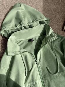 Comfortcana 1pc Solid Color Front Zip-Up Long Sleeve Casual Hooded Sun Protective Lightweight Jacket In Fall/Winter - Olive Green - View 3