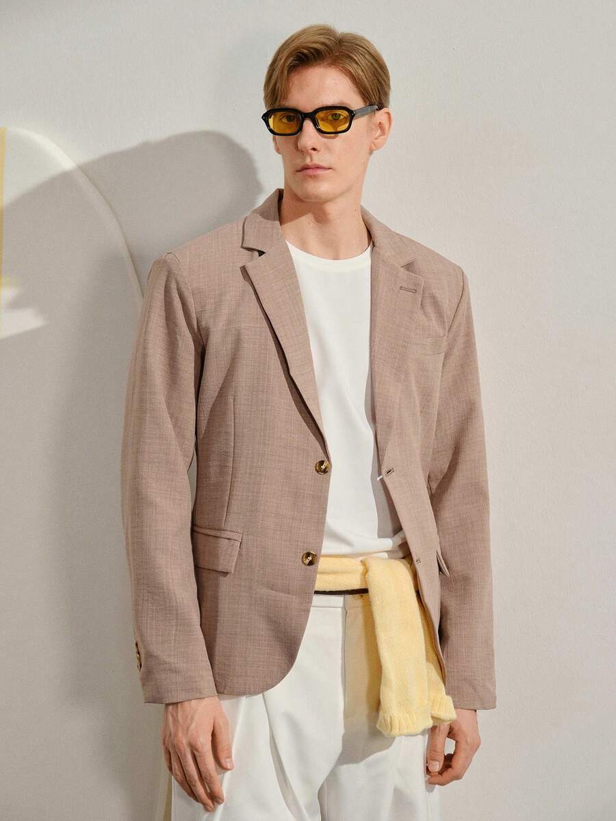 VeloEdit 男士單排扣修身西裝外套,附口袋,優雅時尚棕色休閒夾克,老錢風,日常休閒 - 棕色 - 查看 1